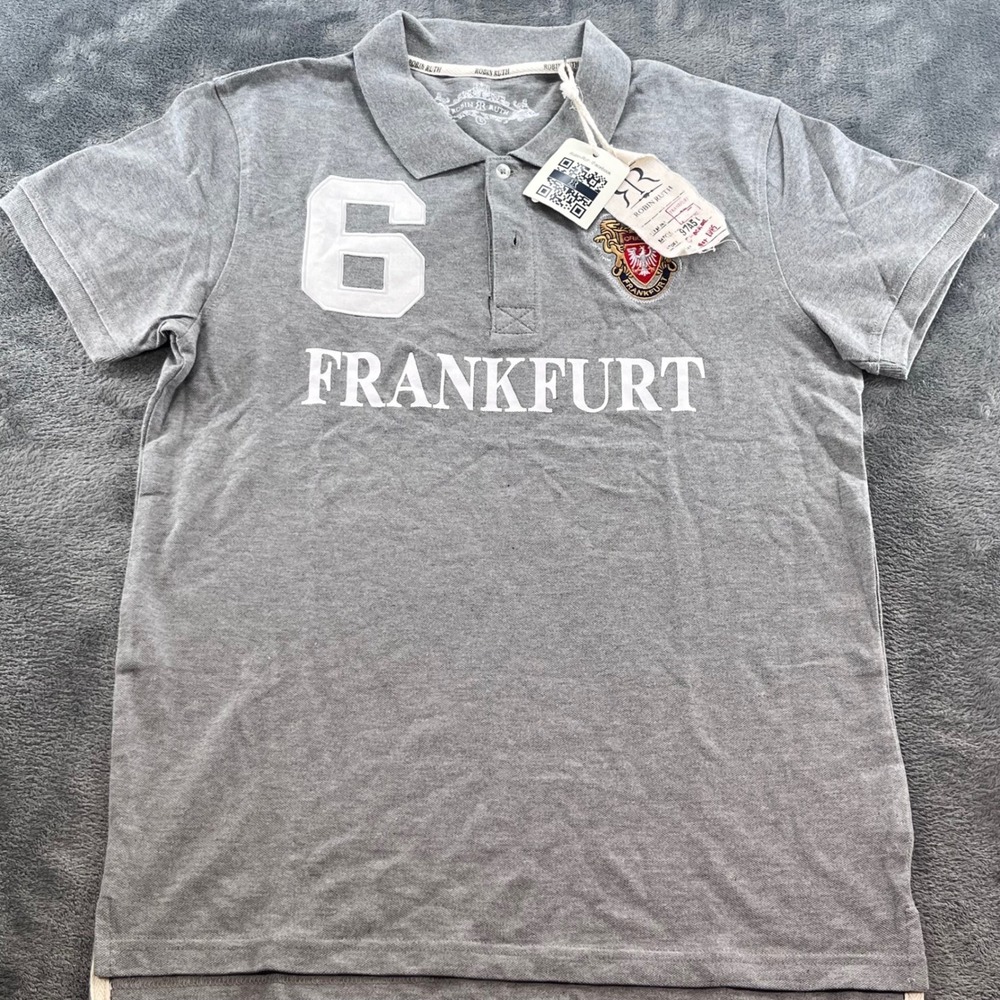 Robin Ruth Frankfurt Men Grey Polo Shirt Short Sleeve Crest Number 6 Size Large